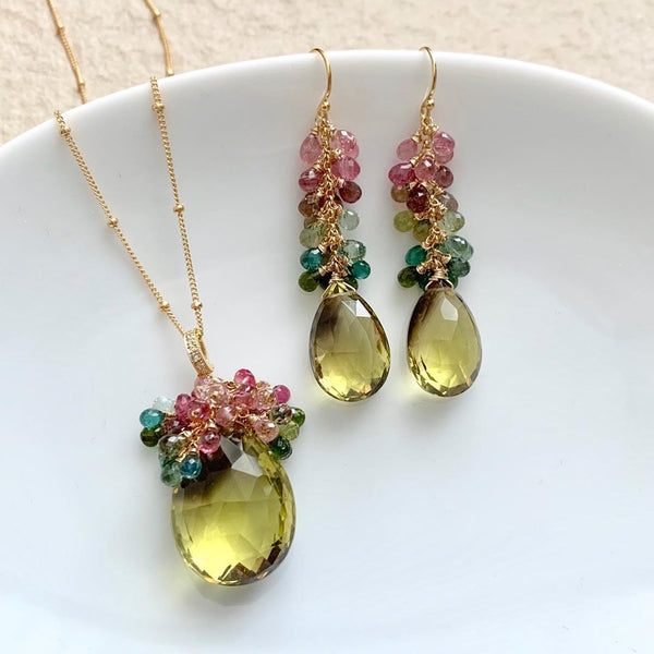Bi-colour quartz earrings & necklace for B