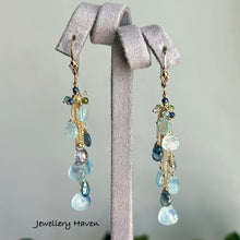 Load image into Gallery viewer, Aquamarine and blue sapphire tassel earrings