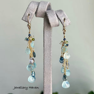 Aquamarine and blue sapphire tassel earrings