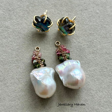 Load image into Gallery viewer, Tourmaline, baroque pearl and heart shape abalone shell stud earrings (detachable style)