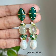 Load image into Gallery viewer, Edison pearl, prehnite and green onyx studs earrings
