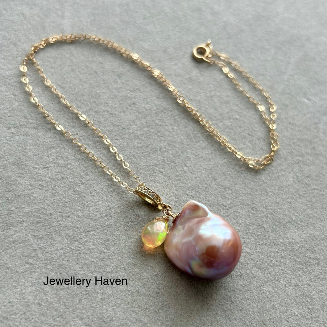 Metallic iridescent pink purplish baroque pearl and Ethiopian opal necklace