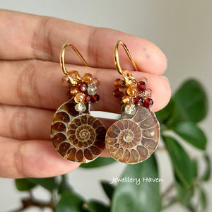 Ammonite and gems cluster earrings