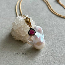 Charger l'image dans la galerie, Rainbow iridescent baroque pearl, watermelon tourmaline pendant necklace