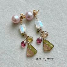 Load image into Gallery viewer, Rare tourmaline slice dangle with round fresh water pearl studs