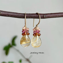 Laden Sie das Bild in den Galerie-Viewer, Golden rutilated quartz, tourmaline, Hessonite garnet earrings