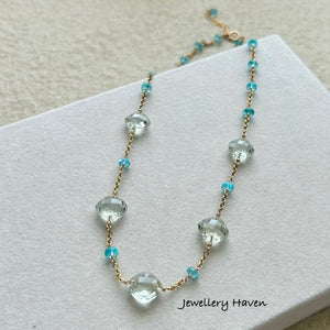 Green amethyst and Caribbean blue apatite necklace