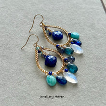 Load image into Gallery viewer, Lapis lazuli, moonstone, larimar, kyanite chandelier earrings