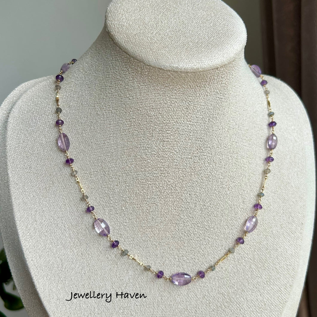 Pink amethyst, amethyst and labradorite necklace