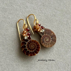 Ammonite and gems cluster earrings