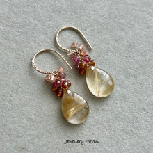 Laden Sie das Bild in den Galerie-Viewer, Golden rutilated quartz, tourmaline, Hessonite garnet earrings