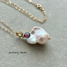 Cargar imagen en el visor de la galería, High lustre rainbow iridescent baroque pearl, watermelon tourmaline necklace