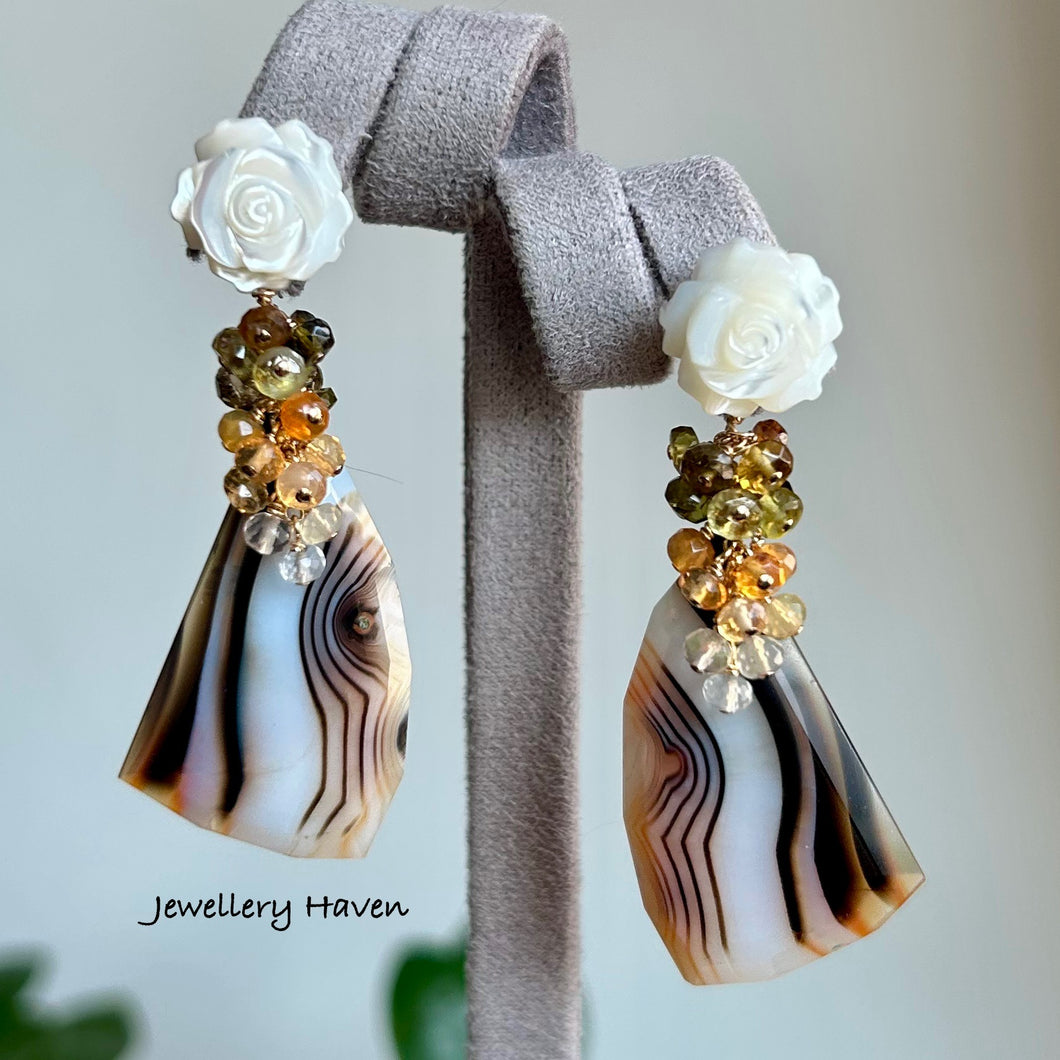 Mother of pearl flower studs with Mexican fire opal and banded agate dangle earrings