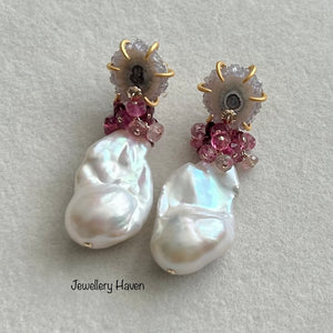 Stalactite stud, baroque pearl and vibrant Pink tourmaline dangle earrings