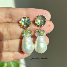 Load image into Gallery viewer, Edison pearl and hexagon abalone shell stud earrings (detachable dangle)