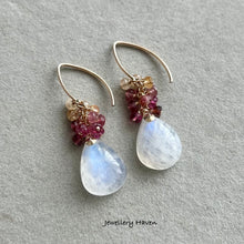 Load image into Gallery viewer, Blue flash moonstone, pink tourmaline, imperial topaz earrings
