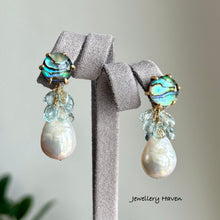 Charger l'image dans la galerie, Edison pearl, aquamarine and abalone shell stud earrings (detachable)