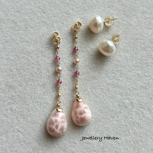 Pink Natrolite with keshi pearl studs earrings (detachable)