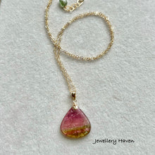 Cargar imagen en el visor de la galería, Rare pink and green multi banded tourmaline slice necklace