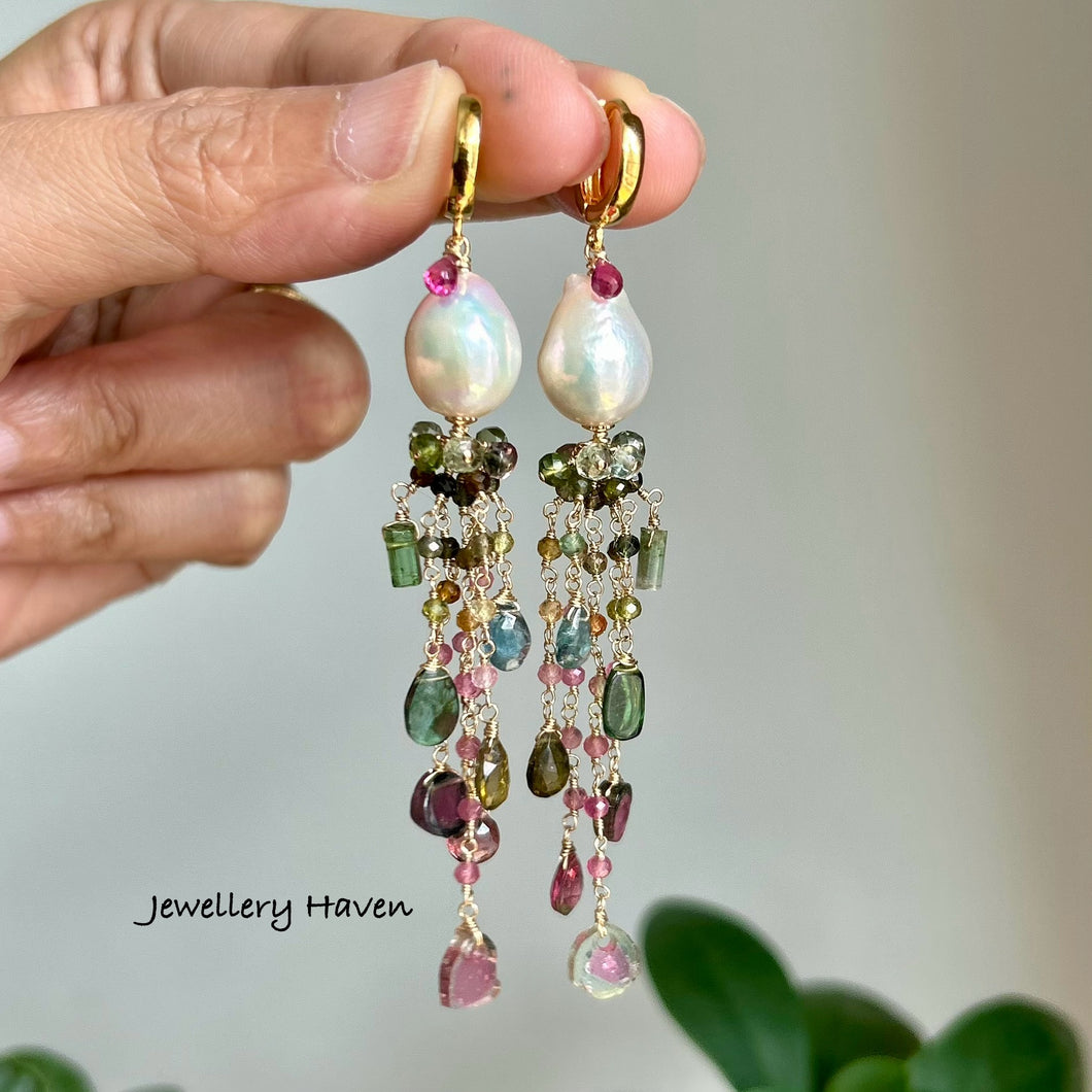 Edison pearl and tourmaline tassels earrings