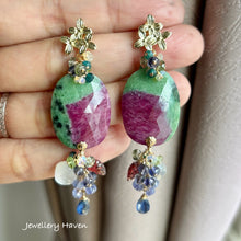 Load image into Gallery viewer, Ruby zoisite with gems cluster dangle earrings