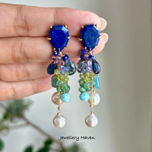 Load image into Gallery viewer, Lapis lazuli, akoya pearls, kyanite, emeralds earrings
