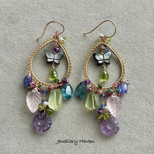 Charger l'image dans la galerie, Mother of pearl butterfly, amethyst, rose quartz, prehnite chandelier earrings
