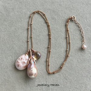 Pink natrolite, Edison pearl and ametrine necklace