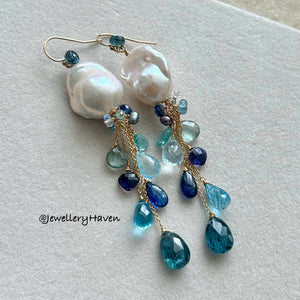 Baroque pearl with blue gems cluster earrings