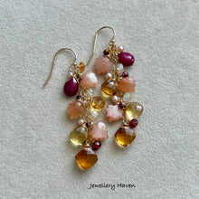Load image into Gallery viewer, Reserved for J … Leaf peach moonstone, citrine and ruby earrings