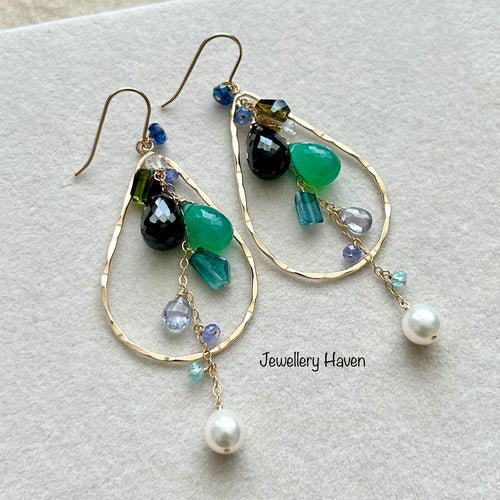 Faceted rare blue/green tourmaline hammered chandelier earrings