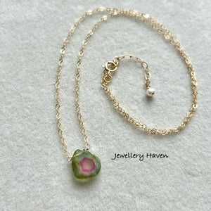 Watermelon tourmaline slice necklace #1 Gold