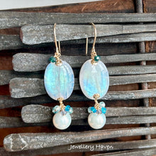 Load image into Gallery viewer, Aqua blue flash moonstone earrings