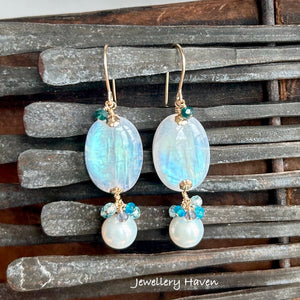 Aqua blue flash moonstone earrings