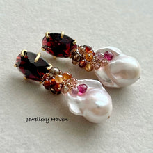 Load image into Gallery viewer, Lustrous iridescent white baroque pearls with garnet studs earrings