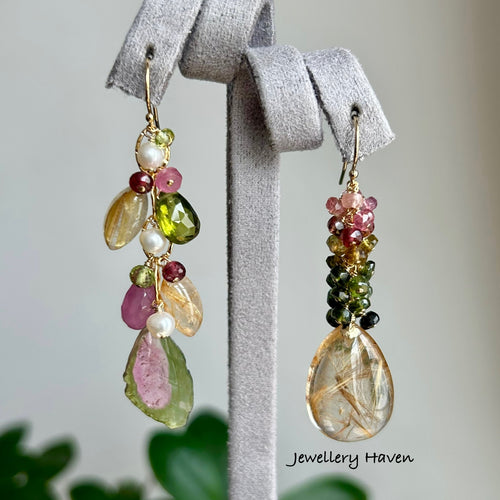 Watermelon tourmaline and golden rutilated quartz earrings