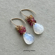 Load image into Gallery viewer, Blue flash moonstone, pink tourmaline, imperial topaz earrings