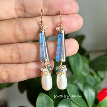 Load image into Gallery viewer, Blue flash labradorite and AAA long drop pearl earrings