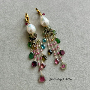 Edison pearl and tourmaline tassels earrings