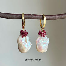 Load image into Gallery viewer, Pinkish iridescence white baroque pearl and ruby earrings