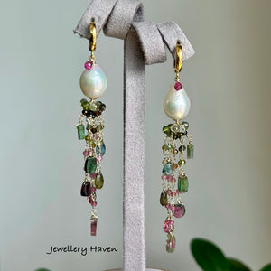 Edison pearl and tourmaline tassels earrings