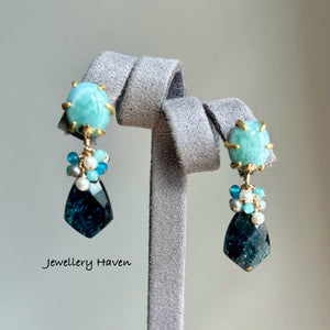 Teal moss kyanite with larimar studs earrings