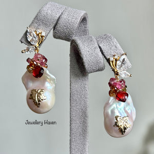 Rainbow iridescent baroque pearl earrings (Maple leaf series)
