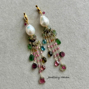 Edison pearl and tourmaline tassels earrings