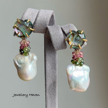 Load image into Gallery viewer, Tourmaline, baroque pearl and heart shape abalone shell stud earrings (detachable style)