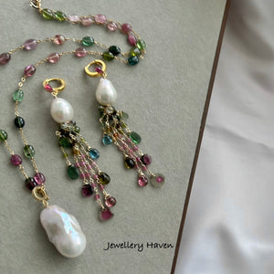 Edison pearl and tourmaline tassels earrings