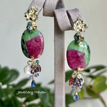 Load image into Gallery viewer, Ruby zoisite with gems cluster dangle earrings