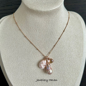 Pink natrolite, Edison pearl and ametrine necklace