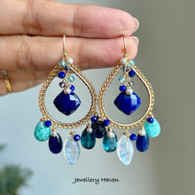 Load image into Gallery viewer, Lapis lazuli, moonstone, larimar, kyanite chandelier earrings
