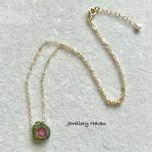 Watermelon tourmaline slice necklace #1 Gold